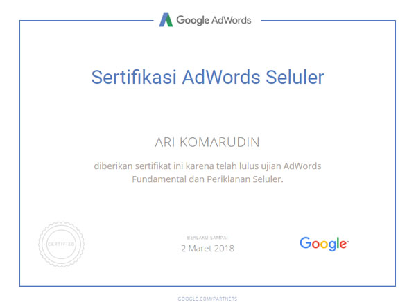 Sertifikat AdWords Seluler Google Partner Satelitweb