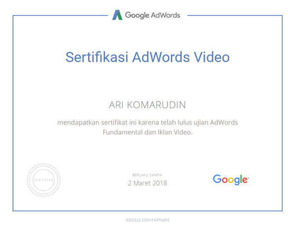 Sertifikat AdWords Video Google Partner Satelitweb