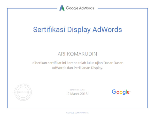 Sertifikat Display AdWords Google Partner Satelitweb